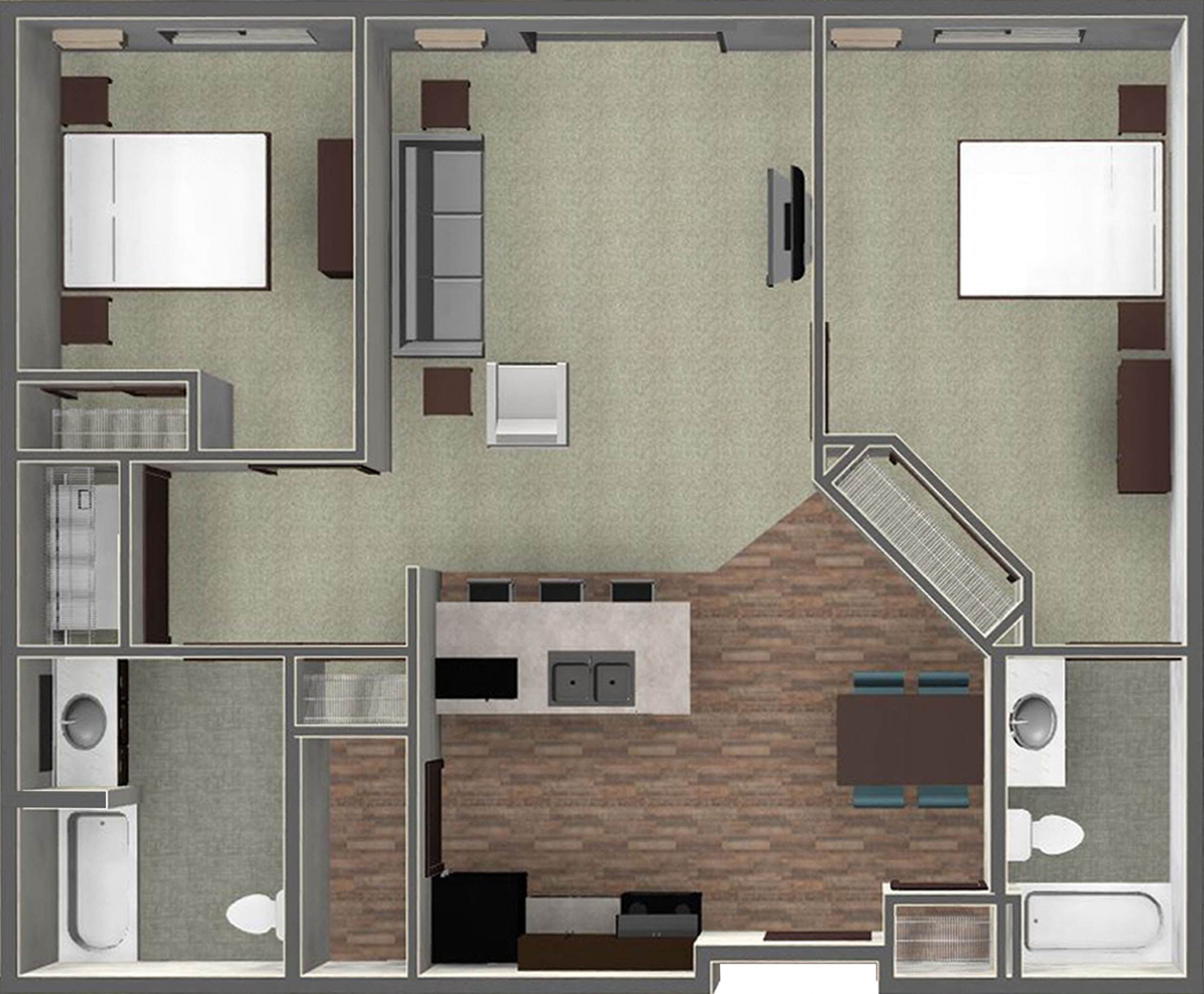 Floor plan for 2 beds, 2 baths, 1076 sqft
